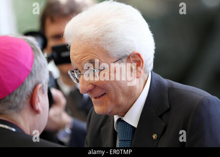 Gorizia, Italy. 24th May, 2015. Italian President Sergio Mattarella smiles during the visit  in the Area Sacra of Monte San Michele at 100th anniversary of Italy's entry into World War on 24 Sunday May 2015 in Sagrado (Go). Credit:  Andrea Spinelli/Alamy Live News Stock Photo