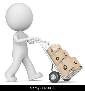 The dude 3D character pushing Hand Truck with pile of Cardboard Boxes. Stock Photo