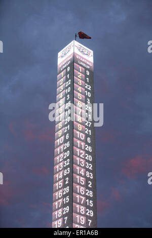 Indianapolis, Indiana, USA. 24th May, 2015. A view of the scoring pylon during sunrise before the Indianapolis 500 IndyCar race at the Indianapolis Motor Speedway in Indianapolis, IN - Mike Wulf/CSM Credit:  Cal Sport Media/Alamy Live News Stock Photo