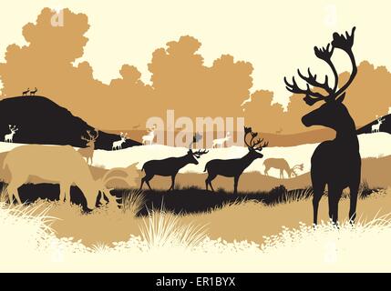 EPS8 editable vector illustration of reindeer or caribou moving across a tundra landscape with all figures as separate objects Stock Vector