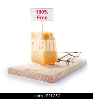Mousetrap with free cheese sign isolated on white, entrapment concept Stock Photo