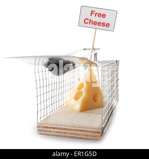 Mousetrap with free cheese sign isolated on white, entrapment concept Stock Photo