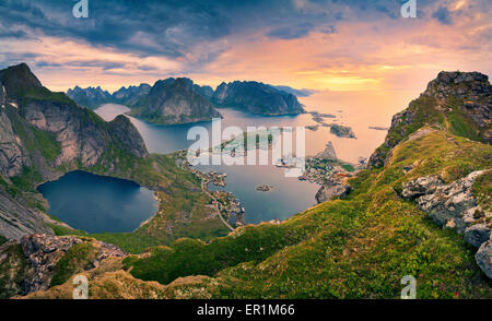 Norway. View from Reinebringen at Lofoten Islands, located in Norway, during summer sunrise.
