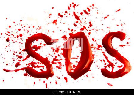Bloody word SOS with splatter, droplets, stains isolated on white background Stock Photo