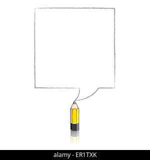 Wooden Yellow Lead Pencil with Reflection Drawing Grey Square Speech Bubble on White Background Stock Photo