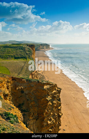 The distinctive banded sandstone strata of East Cliff near West Bay on the Jurassic Coast, Dorset, England, UK Stock Photo