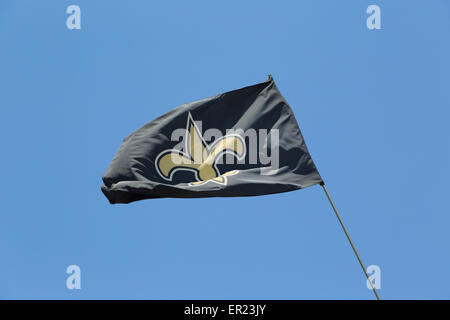 A photograph of a flag displaying the emblem of New Orleans which is a fleur-de-lis. Stock Photo