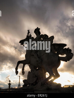 Replica of Equestrian Statue of Mercury on a winged horse Pegasus by sculptor Antoine Coysevox (1700-1) at gates of Tuileries garden Stock Photo