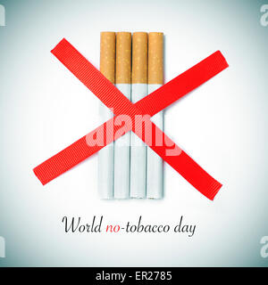 the text world no-tobacco day and some cigarettes crossed by two red slashes on a white background, with a slight vignette added Stock Photo