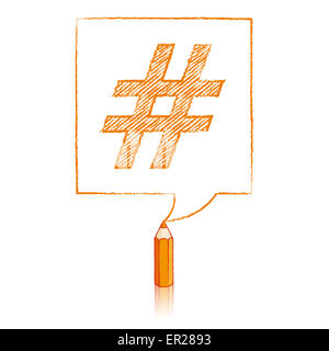 Orange Pencil with Reflection Drawing Shaded Hashtag in Square Speech Bubble on White Background Stock Photo