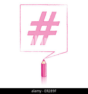 Pink Pencil with Reflection Drawing Hashtag in Square Speech Bubble on White Background Stock Photo