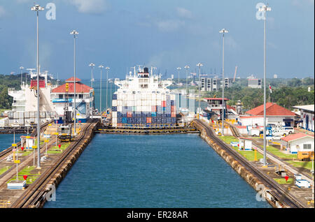 A ship going through Gatun Locks, Panama Canal. Stock Photo