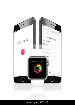 iphone 6 space gray  ios8 health app screen apple watch Stock Photo