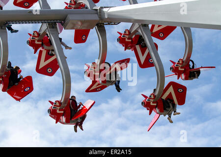 Red Arrow Sky Force Opens Blackpool Pleasure beach amusement Park Lancashire, UK. May, 2015.  The launch of the new ride, Red Arrows Skyforce, is the world's first Red Arrows Ride complete in RAF livery and is a new airborne adventure and display for riders. The 72 ft white-knuckle ride allows riders to spin glide, and swirl as pilots take control of their own aeroplane in formation. Stock Photo