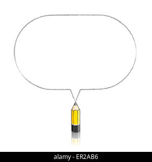 Wooden Yellow Lead Pencil with Reflection Drawing Oblong Speech Bubble on White Background Stock Photo