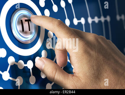 Finger pressing IT button with network illustration around. Blue tones. Information Technologies concept. Stock Photo