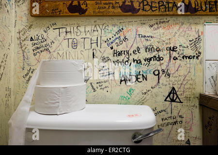 The Elephant House is famous as the place where  J.K. Rowling, started writing her early novels in the back room overlooking Edinburgh Castle. The bathrooms are have become a sort of graffiti shrine with thousands of marks, lines and comments made by visitors. Picture by Julie Edwards on 21/05/2015. Stock Photo