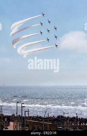 Blackpool, Lancashire,UK 25th May, 2014. Red Arrow SkyForce Opens.    The launch of the new ride complete in Red Arrows livery,  a new airborne adventure and display. The 72 ft white-knuckle ride allows riders to spin glide, and swirl as pilots take control of their own aeroplane in formation. Credit:  MarPhotographics/Alamy Live News. Stock Photo
