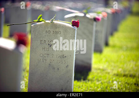 Arlington, Virginia, USA. 25th May, 2015. Roses and American flags adorn the headstones of fallen soldiers at Arlington National Cemetery on Memorial Day May 25, 2015 in Arlington, Virginia. Credit:  Planetpix/Alamy Live News Stock Photo