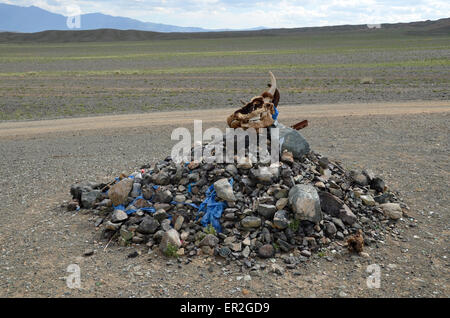 A cairn at a crossroads in western Mongolia, Khovd province. Stock Photo