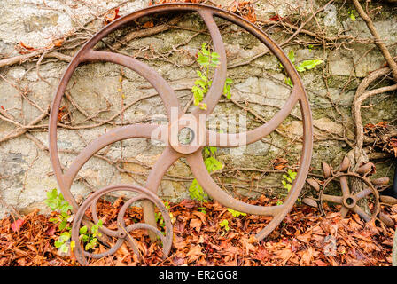 Three cast-iron wheels used to drive machinery in an Irish mill.