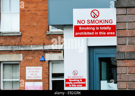 No smoking signs at the entrance to a hospital building. Stock Photo