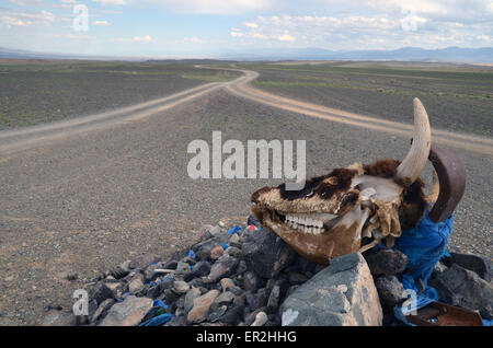 A cairn at a crossroads in western Mongolia, Khovd province. Stock Photo