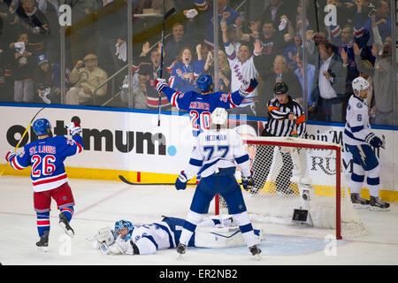 Manhattan, New York, USA. 18th May, 2015. New York Rangers left wing Chris Kreider (20) celebrates after scoring a goal on Tampa Bay Lightning goalie Ben Bishop (30) during game two of the Eastern Conference Finals of The Stanley Cup Playoffs between The New York Rangers and The Tampa Bay Lightning at Madison Square Garden in Manhattan, New York . Mandatory credit: Kostas Lymperopoulos/CSM/Alamy Live News