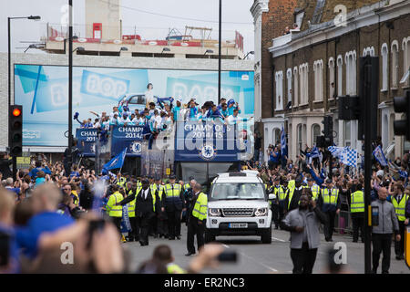 London, UK. 25th May, 2015. The bus carrying the players and the Premier League Trophy travels down the King's Road during the Chelsea FC Premier League Victory Parade in London, England on May 25, 2015. Credit:  Richard Washbrooke/Xinhua/Alamy Live News Stock Photo