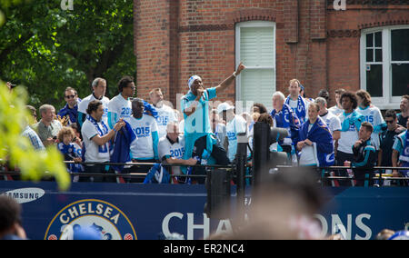 London, UK. 25th May, 2015. Didier Drogba leads the celebrations by singing to the fans as the bus stops at the park at Parson Green to celebrate with their fans during the Chelsea FC Premier League Victory Paradein London, England on May 25, 2015. Credit:  Richard Washbrooke/Xinhua/Alamy Live News Stock Photo