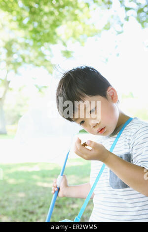 Japanese young boy with butterfly net in a city park Stock Photo