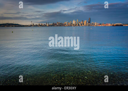 Elliott Bay and the Seattle skyline, seen from West Seattle, Washington. Stock Photo