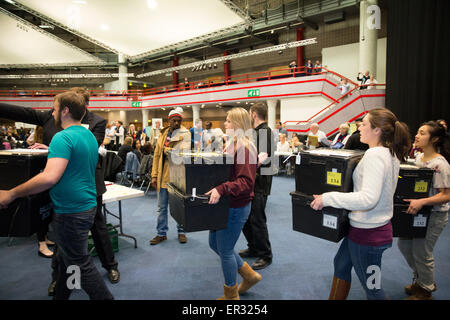 Ballot boxes arriving for counting to take place at the ICC in Birmingham for the General Election 2015 Stock Photo