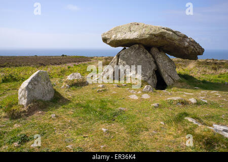 Chun Quoit Neolithic burial chamber stones construction, Cornwall England.