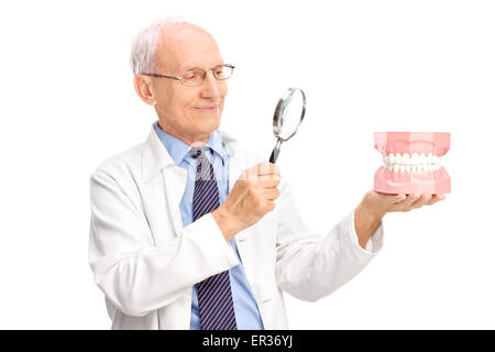 Mature dentist examining a denture through a magnifying glass isolated on white background Stock Photo