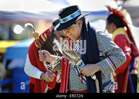 Ted Tenorio, Native American Veterans Association President and Army Vietnam Veteran, from the Tagua tribe dances the traditional American Indian Gourd Dance at the Annual Heritage Day Pow Wow November 25, 2014 in South Gate, California. Stock Photo