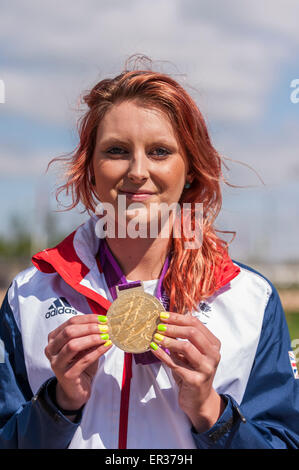 London, UK. 26 May 2015. Paralympic gold medallist, Jessica-Jane Applegate, visits Mandeville Place, Queen Elizabeth Olympic Park's brand new orchard, to help plant the final tree.  The orchard is made up of 55 new fruit trees, including one for each of the gold medal winners at the London 2012 Paralympic Games. Credit:  Stephen Chung / Alamy Live News Stock Photo