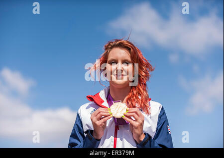 London, UK. 26 May 2015. Paralympic gold medallist, Jessica-Jane Applegate, visits Mandeville Place, Queen Elizabeth Olympic Park's brand new orchard, to help plant the final tree.  The orchard is made up of 55 new fruit trees, including one for each of the gold medal winners at the London 2012 Paralympic Games. Credit:  Stephen Chung / Alamy Live News Stock Photo