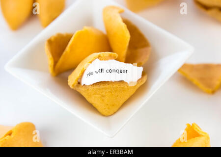open fortune cookie with strip of white paper - YOU WILL CONQUER Stock Photo