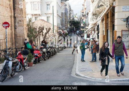 Athens, Greece- April 03, 2015: One of  many Athenian streets, always full of tourists Stock Photo