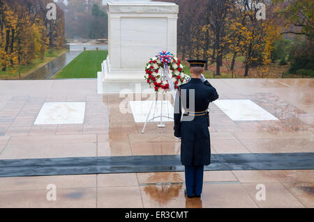 Soldier salutes - changing the guard in the afternoon at the grave of the unknown soldier at the cemetery of Arlington Stock Photo