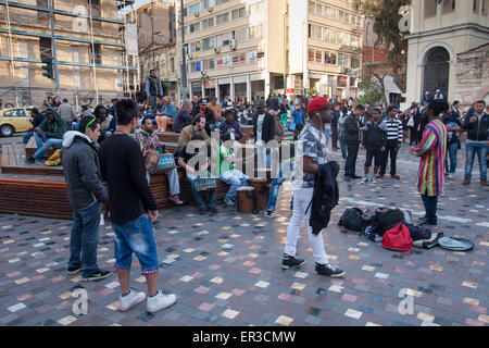 Athens, Greece- April 03, 2015: One of  many Athenian streets, always full of tourists Stock Photo