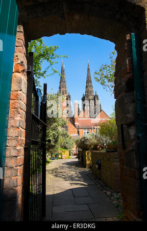 View of Lichfield Cathedral from the garden of Erasmus Darwin's house, Staffordshire, England. Stock Photo