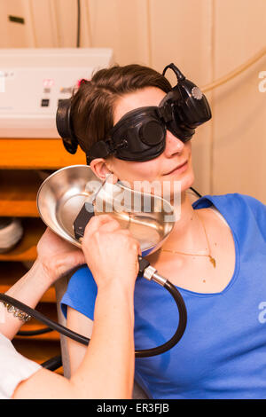 Electronystagmography, eye examination for vertigo screening, Limoges hospital, France. Stock Photo