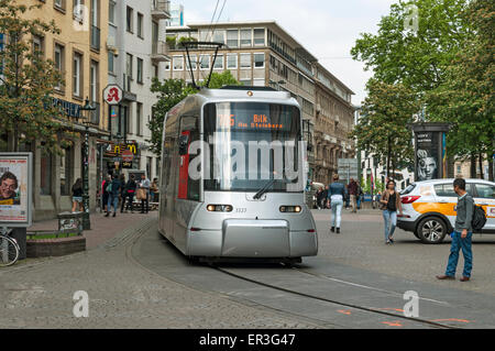 Tram entering the old town, Düsseldorf, NRW. Germany, historic view. Stock Photo