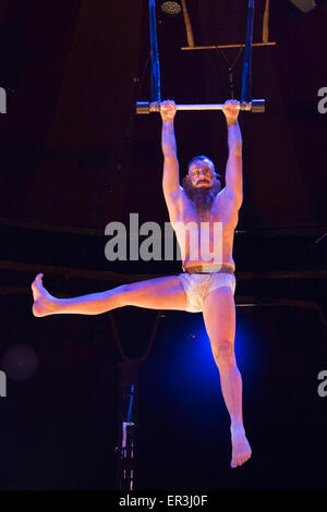 Trapeze act with Mozes. The show Scotch & Soda headlines London Wonderground from 14 May to 2 August 2015 as Underbelly and Southbank Centre present a 4th summer of entertainment. Stock Photo