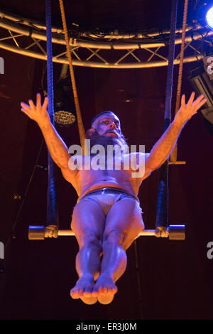 Trapeze act with Mozes. The show Scotch & Soda headlines London Wonderground from 14 May to 2 August 2015 as Underbelly and Southbank Centre present a 4th summer of entertainment. Stock Photo