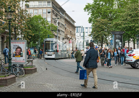 Tram entering the old town, Düsseldorf, NRW. Germany Stock Photo