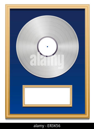 Platinum certification with blank plaque that can be labeled, in a golden frame on blue ground. Stock Photo