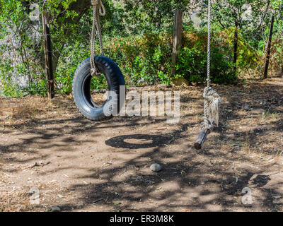 A rope swing and a tire swing is held in place hanging from a tree by a large rope. Stock Photo